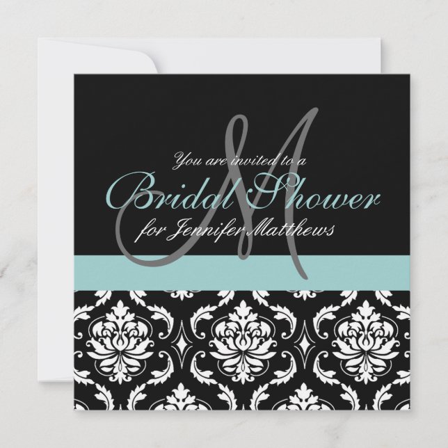Blue Bridal Shower Monogram Damask Invitations (Front)