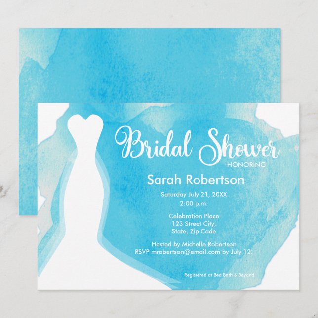 Blue bridal shower, Wedding Gown Watercolor Invitation (Front/Back)