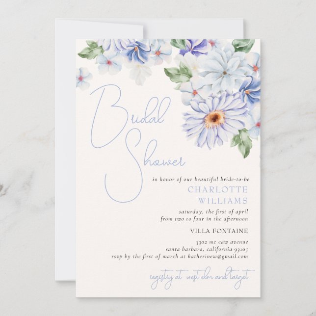 Blue Bright Colourful Floral Romantic Bridal Showe Invitation (Front)