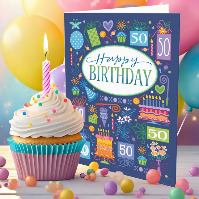 Blue Bright Pastel Icons 50th Birthday Card (Creator Uploaded)