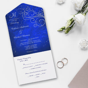 Blue Bright Silver Swirl Monogram Photo All In One Invitation
