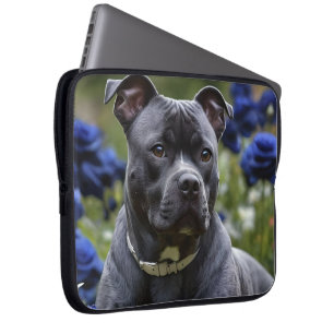 "Blue Brindle Beauty: A Staffy With Blue Roses Laptop Sleeve