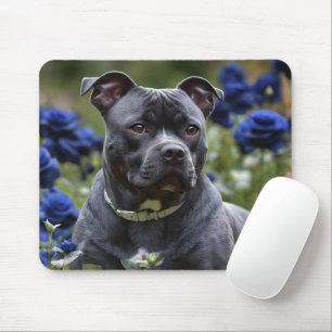 "Blue Brindle Beauty: A Staffy With Blue Roses Mouse Mat