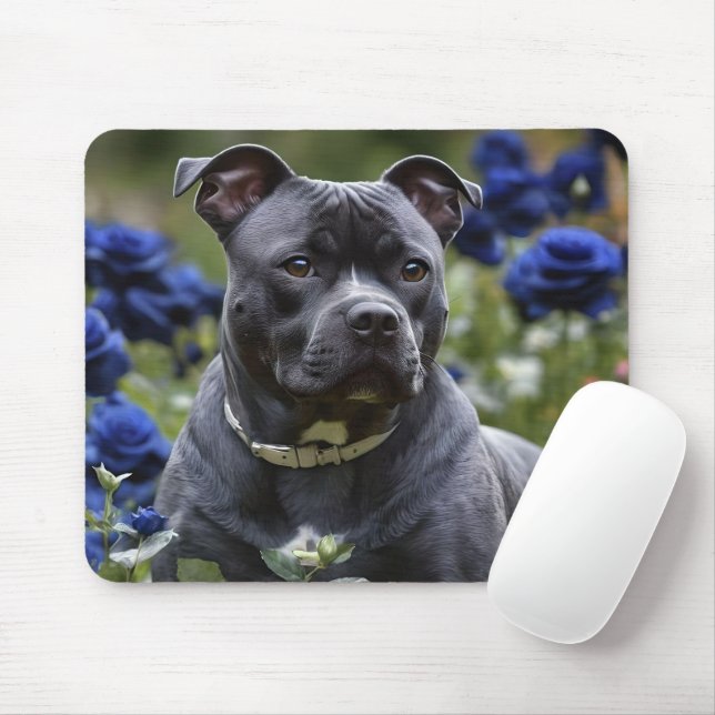 "Blue Brindle Beauty: A Staffy With Blue Roses Mouse Mat (With Mouse)