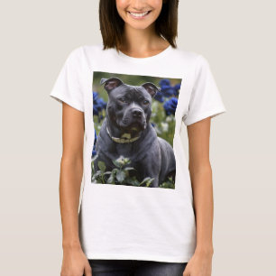 "Blue Brindle Beauty: A Staffy With Blue Roses T-Shirt