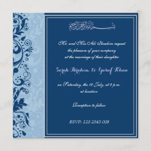 Blue Brocade Muslim wedding Invitation