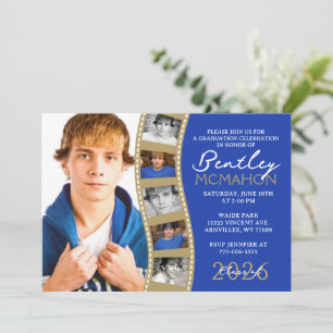 Blue & Bronze 6 Photo Filmstrip Graduation Collage Invitation
