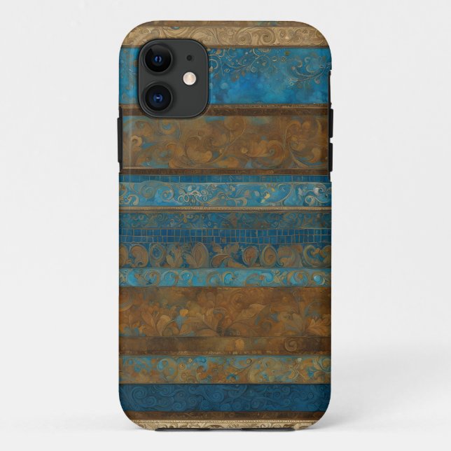 Blue Bronze and Gold Grunge Stripes Case-Mate iPhone Case (Back)