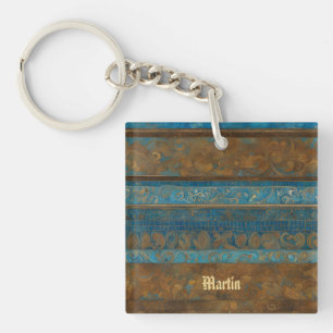 Blue Bronze and Gold Grunge Stripes Key Ring