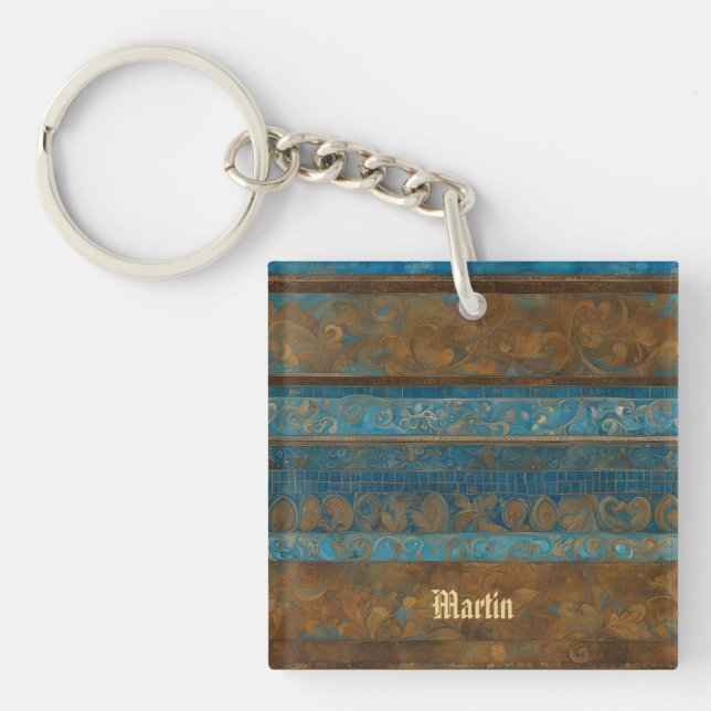 Blue Bronze and Gold Grunge Stripes Key Ring (Front)