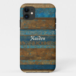 Blue Bronze and Gold Grunge Stripes Personalised iPhone 11 Case