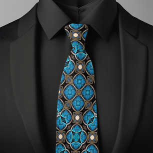 Blue Bronze Black and Cream Fancy Diamond Pattern Tie