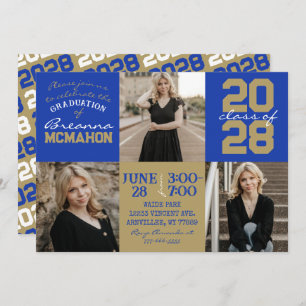 Blue & Bronze Gold 3 Photo Graduation Invitation