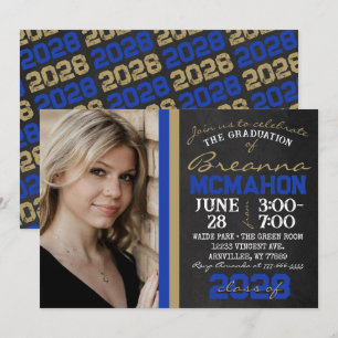 Blue & Bronze Gold Chalkboard Graduation Photo Invitation