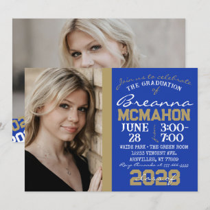 Blue & Bronze Gold Graduation 2 Photo Invitation