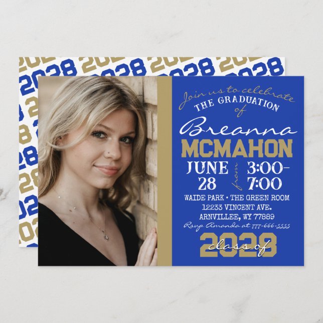 Blue & Bronze Gold Graduation Photo Invitation (Front/Back)