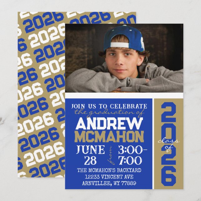 Blue & Bronze Gold  Graduation Photo Invitation (Front/Back)