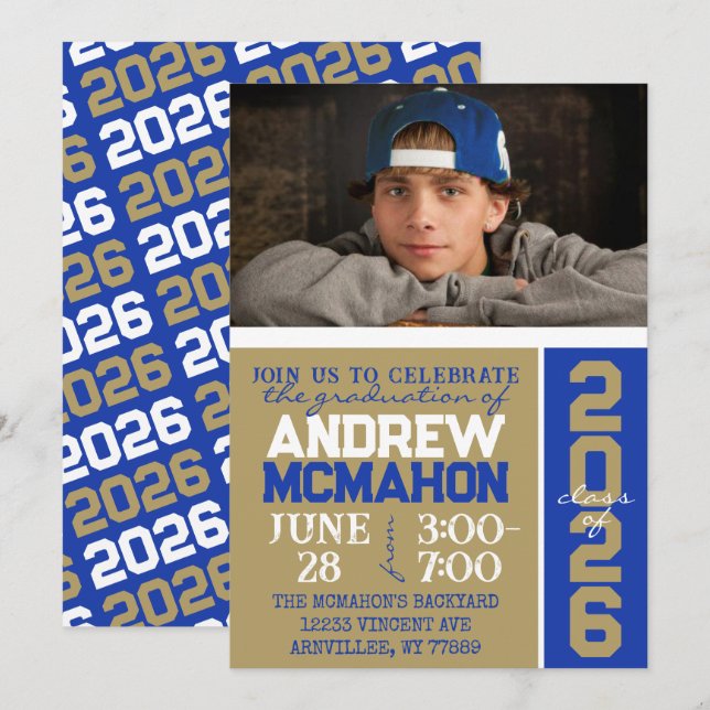 Blue & Bronze Gold Graduation Photo Invitation (Front/Back)