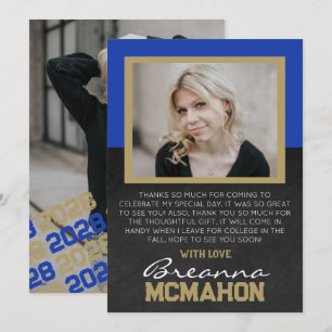 Blue & Bronze Gold Graduation Photo Thank You Card