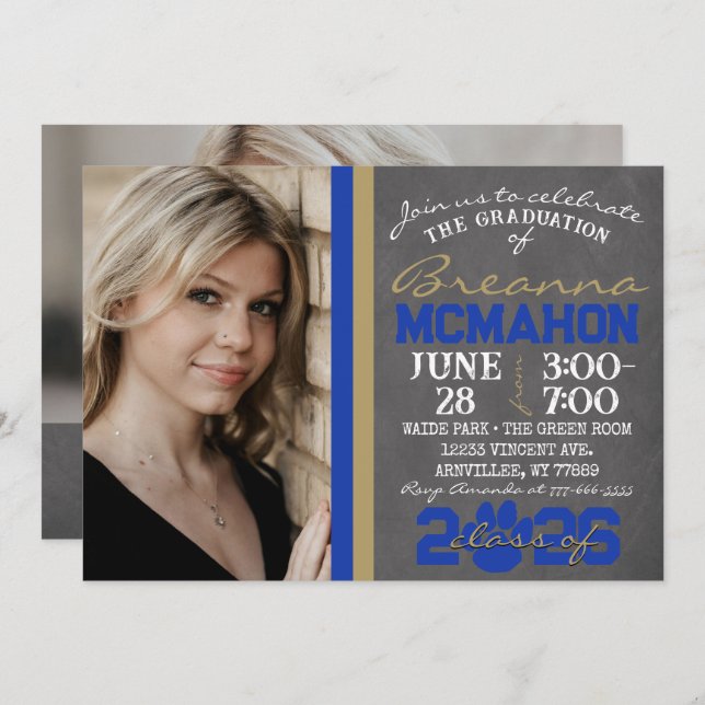 Blue & Bronze Gold Paw Print Graduation 2 Photo Invitation (Front/Back)