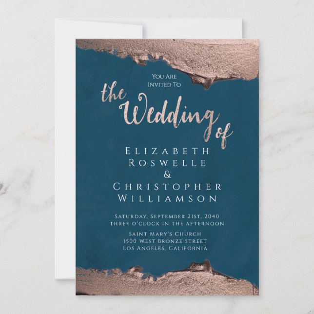 Blue Bronze Metal Elegant Script Wedding Invitation (Front)