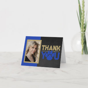 Blue & Bronze Paw Print Graduation 2 Photo Folding Thank You Card
