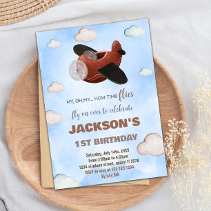 Blue Brown Aeroplane Birthday Invitations