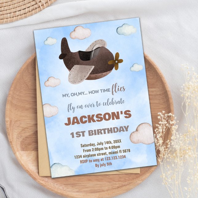 Blue Brown Aeroplane Birthday Invitations (Blue Brown Airplane Birthday Invitations)