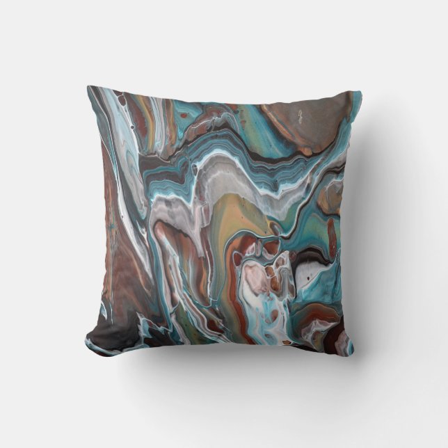Blue Brown Agate Geode Abstract Fluid Art Cushion (Front)