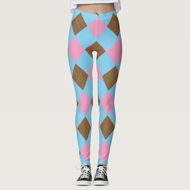 Blue brown and pink argyle pattern leggings (Front)