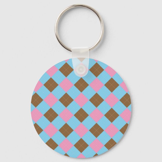 Blue, brown and pink plaid pattern key ring (Front)