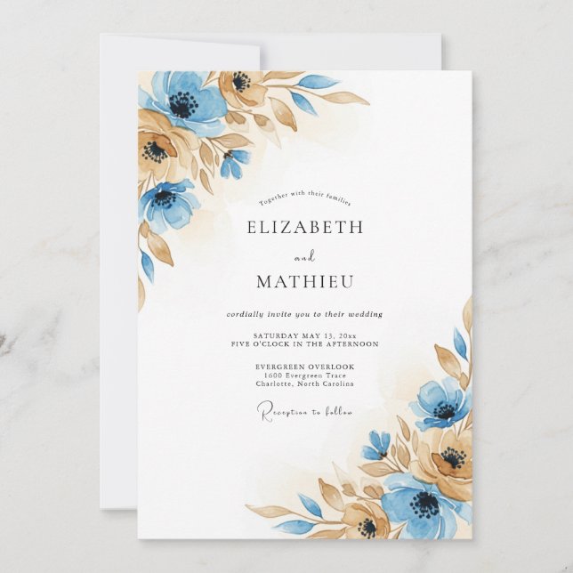 Blue Brown Autumn Bloom Wedding Invitation (Front)