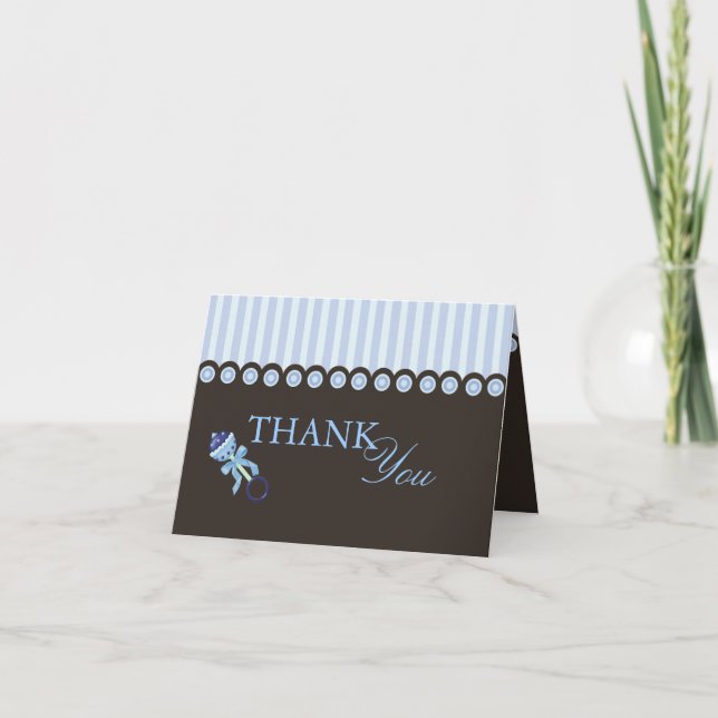 Blue & Brown Baby Rattle Design Thank You Card (Front)
