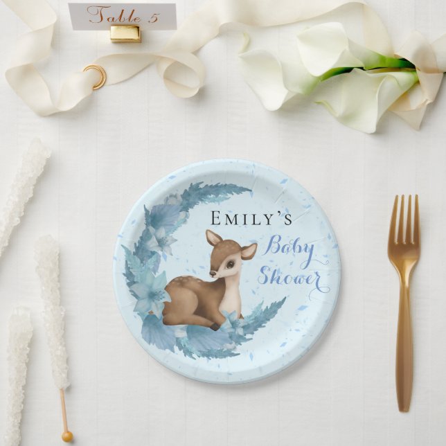 Blue Brown Bambi Half-Moon Flowers Dust Baby Boy P Paper Plate (Wedding)