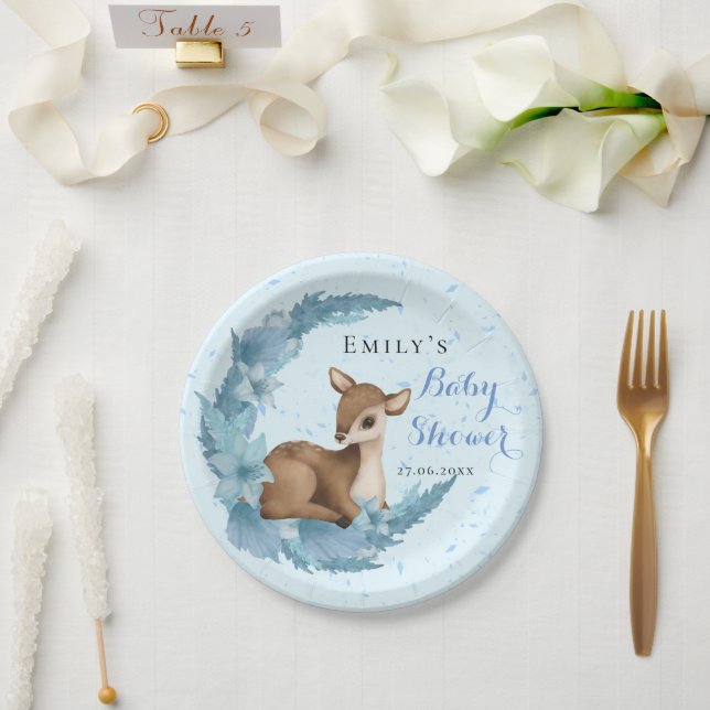 Blue Brown Bambi Half-Moon Flowers Dust Baby Boy Paper Plate (Wedding)