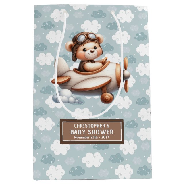 Blue Brown Bear Baby Shower Favour Bag For Boys (Front)