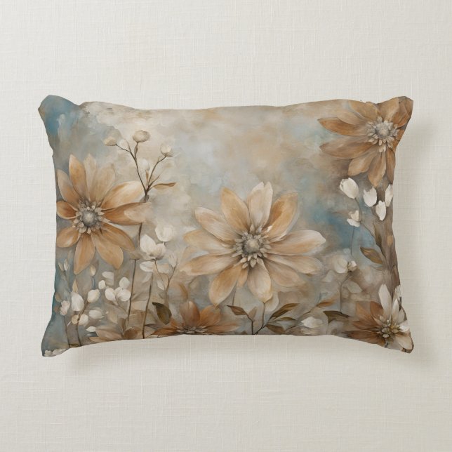 Blue Brown Beige Farmhouse Floral Accent Pillow (Front)