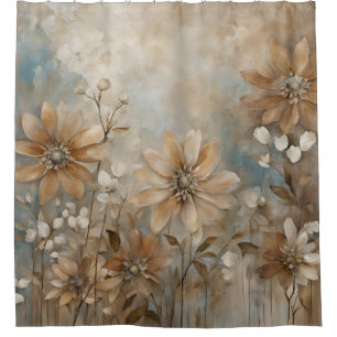 Blue Brown Beige Farmhouse Floral  Shower Curtain