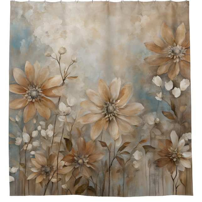 Blue Brown Beige Farmhouse Floral  Shower Curtain (Front)
