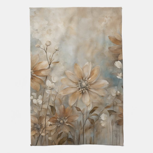 Blue Brown Beige Farmhouse Floral  Tea Towel (Vertical)