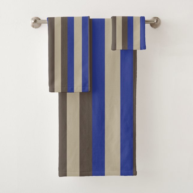 Blue Brown Beige Vertical Stripe Bath Towel Set (Insitu)