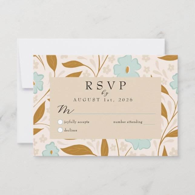 Blue Brown Boho Floral Wedding RSVP Response Card (Front)