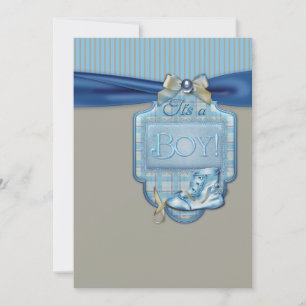 Blue Brown Booties Baby Boy Shower Invitation