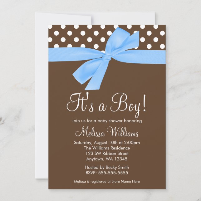 Blue Brown Bow Polka Dot Baby Shower Invitations (Front)