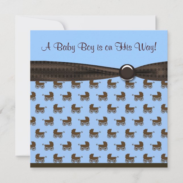 Blue Brown Bow Tie Baby Carriage Boy Shower Invitation (Front)