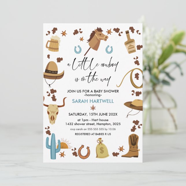 Blue Brown Boys Little Cowboy Baby Shower Invitation (Standing Front)