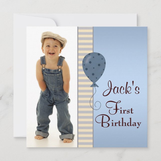 Blue Brown Boys Photo 1st Birthday Party Invitation (Front)