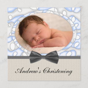 Blue Brown Boys Photo Christening Invitation