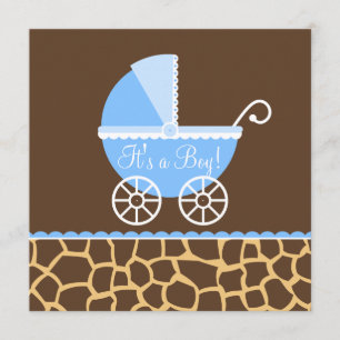 Blue Brown Carriage Giraffe Boy Baby Shower Invitation
