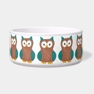 Blue Brown Cartoon Owl Print Owls Bird Pet Bowl